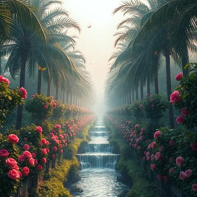The primary subject of the image is a beautiful garden with a waterfall surrounded by a variety of flowers. The setting is a lush, tropical environment with palm trees and a waterfall. The visual style is a combination of photo and digital art, creating a vibrant and colorful scene. The colors and mood of the image are predominantly pink, which adds a sense of warmth and serenity to the scene.
